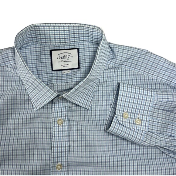 Charles Tyrwhitt Shirt Mens 19 / 37 Blue Check Button Down Classic Fit Non Iron - Picture 1 of 10